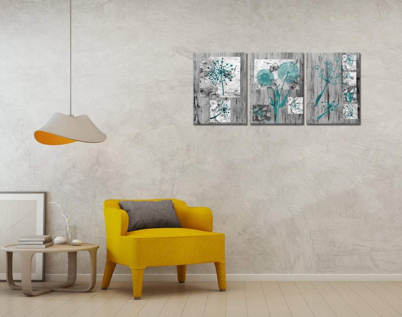 Visual Art Decor Teal Dandelion Flower Painting Rustic Farmhouse Decor Framed Canvas Wall Art Ready to Hang Teal Bathroom Decor 12inchx16inchx3 Pieces - Image 3